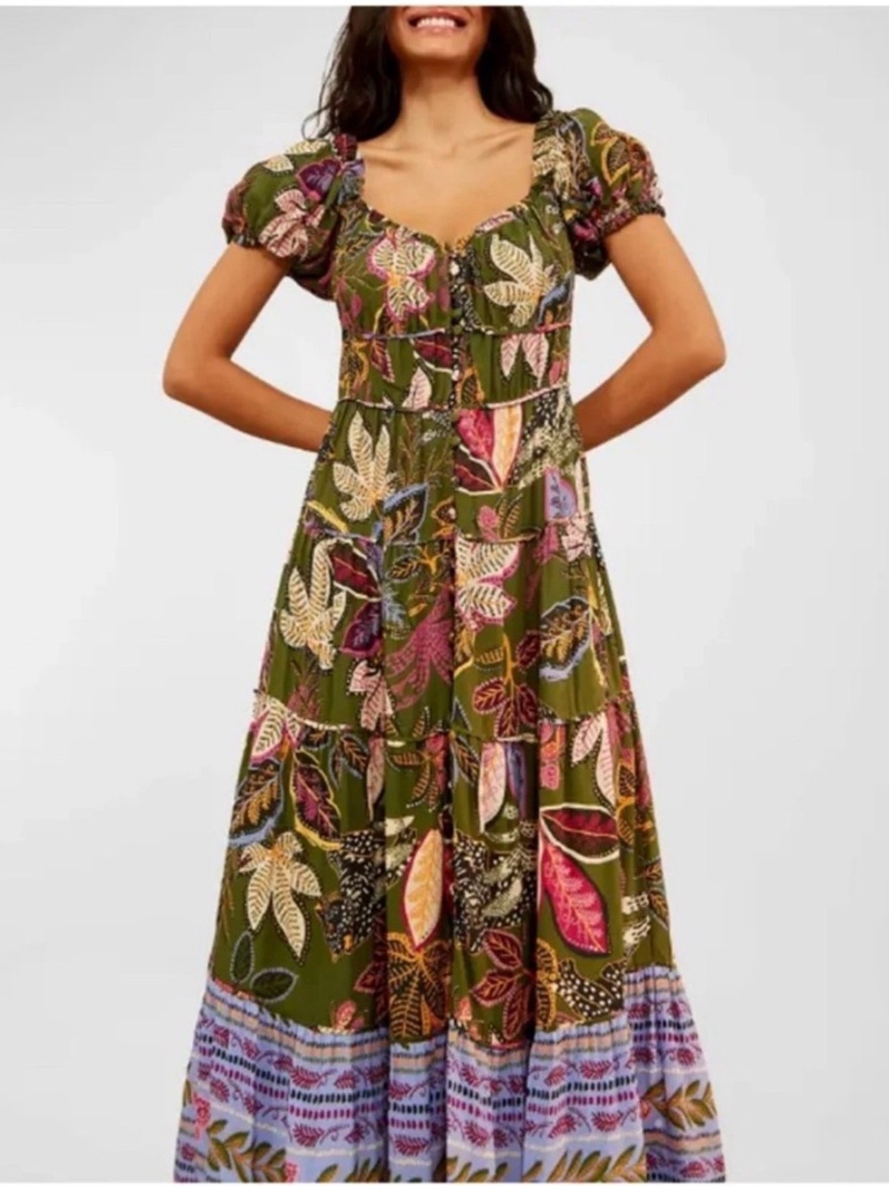 Farm Rio Green Wild Jungle Corset Midi Dress